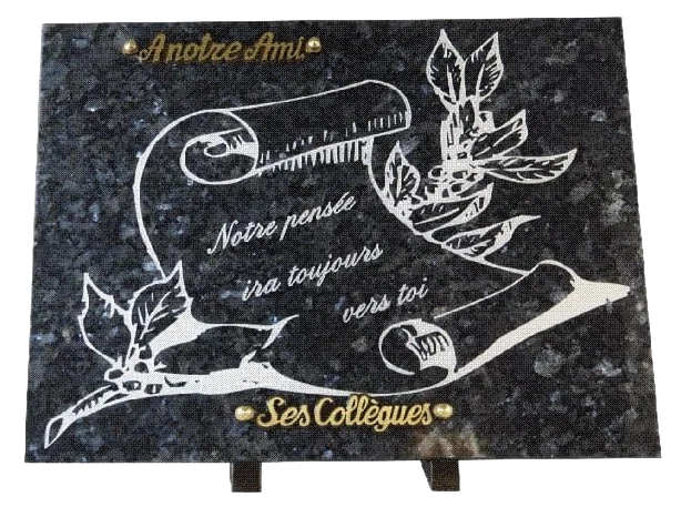 Plaque 55R en granit labrador bleu décor parchemin et fleur