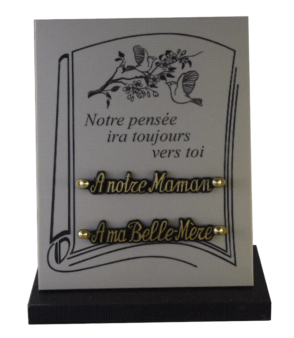 Plaque funéraire 2119 en céramique blanche décor livre et oiseau
