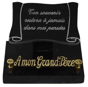 Plaque 808.3 parchemin noir fin en granit avec décor et texte gravé