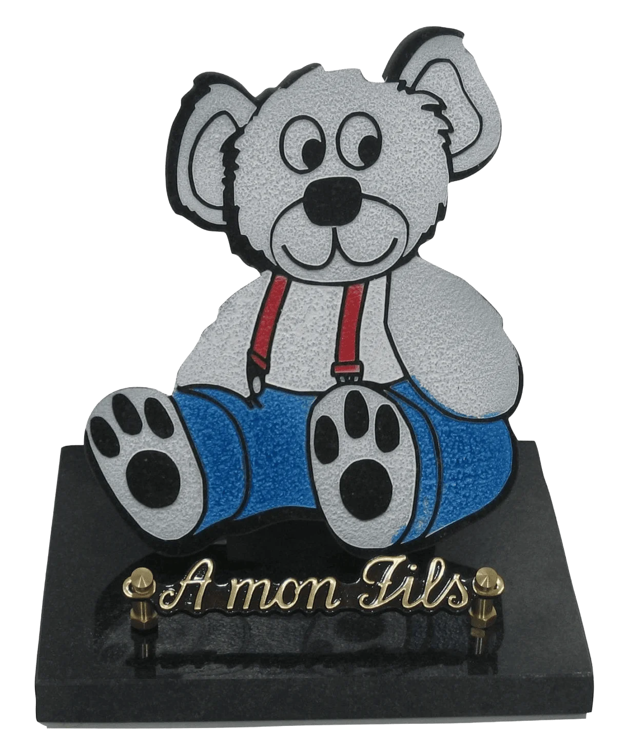 Plaque enfant ourson1 blanc, bleu et rouge en granit