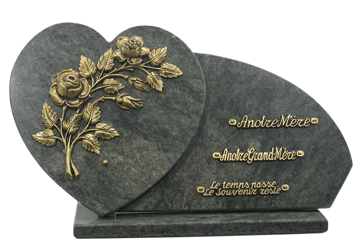 Plaque 63 en granit vert olive avec fleur rose en bronze